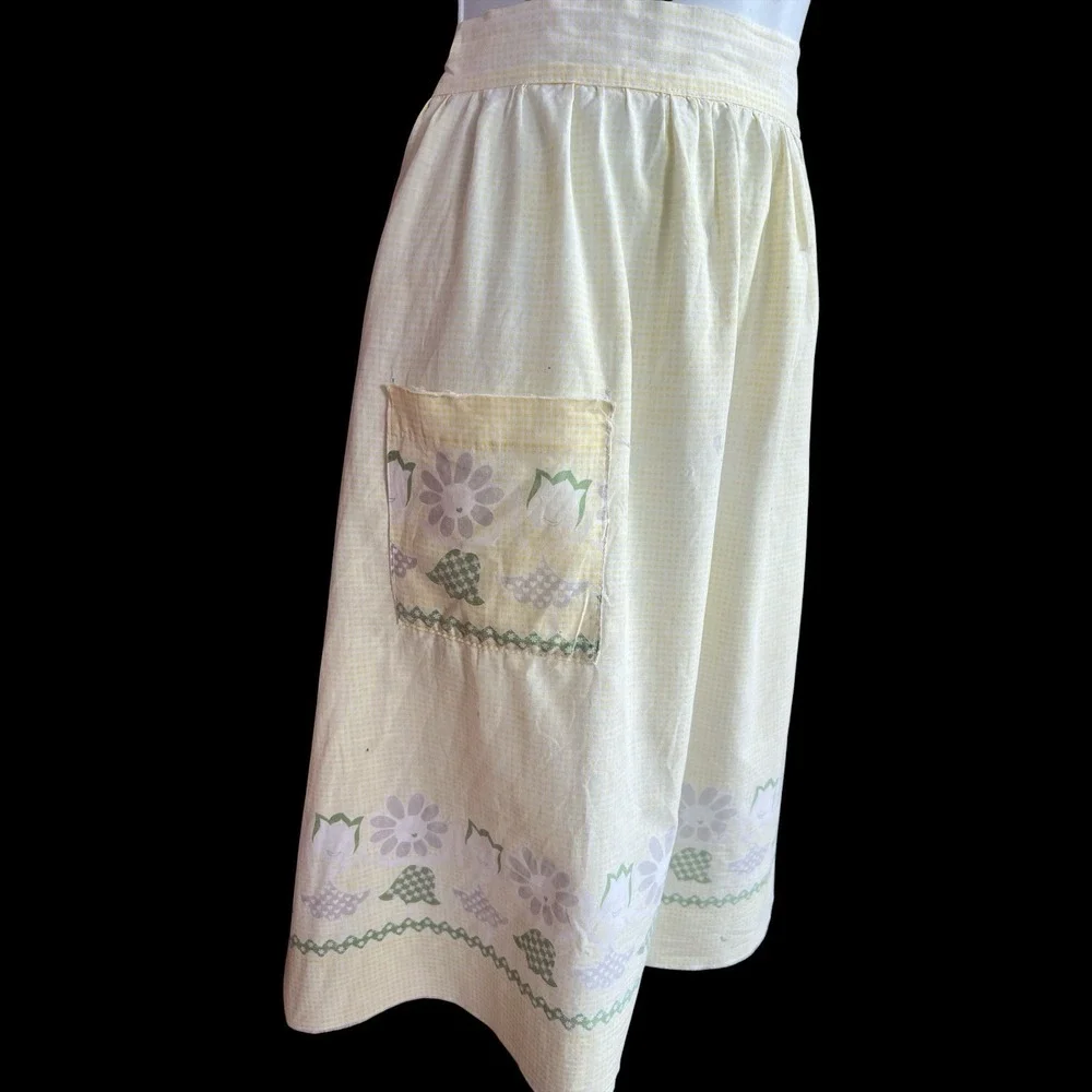 VTG Yellow Gingham Half Apron Floral Mid Century Cottage Farmhouse Primitive